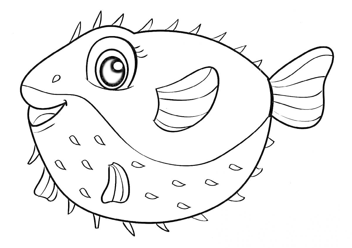 Раскраска Раскраска рыба еж с большими глазами, плавниками, колючками по верхнему краю тела и пятнышками на нижней части