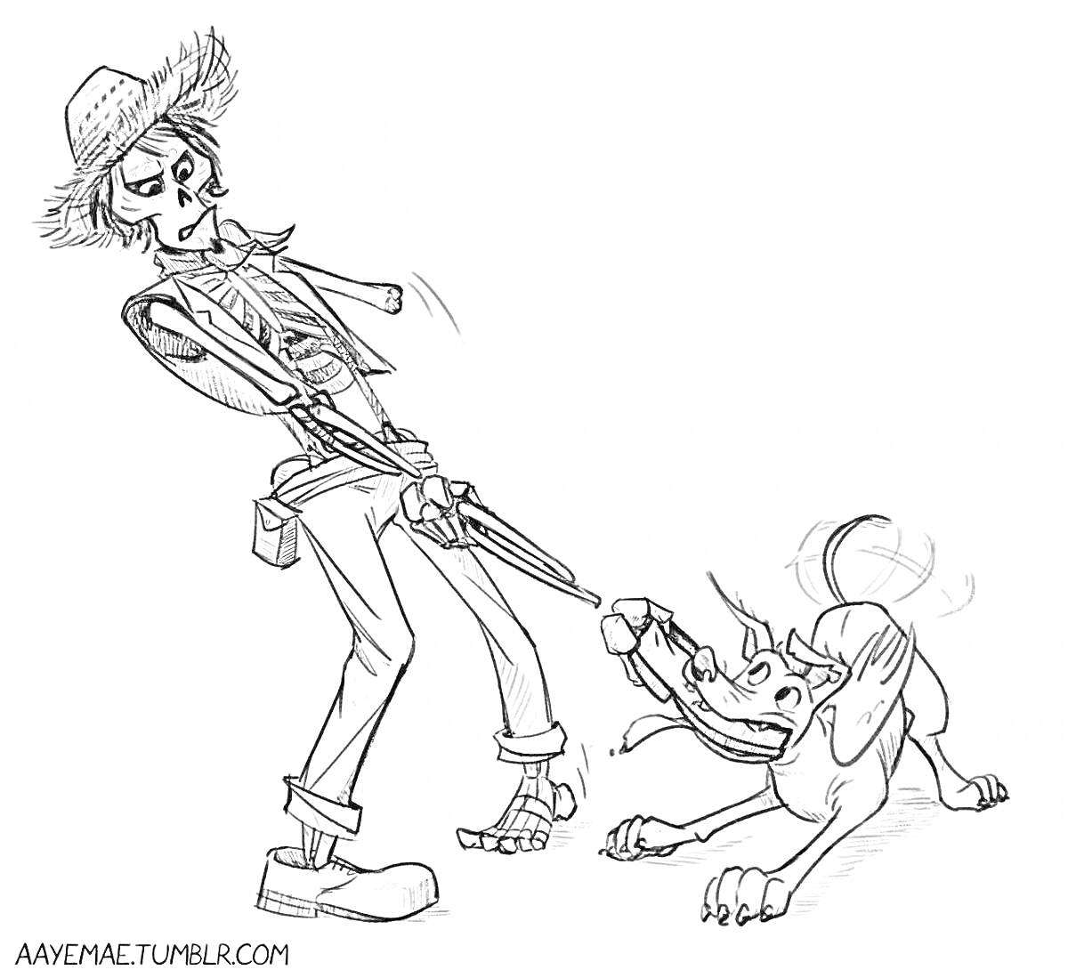 Раскраска Скелет в сомбреро и собака играют с костью