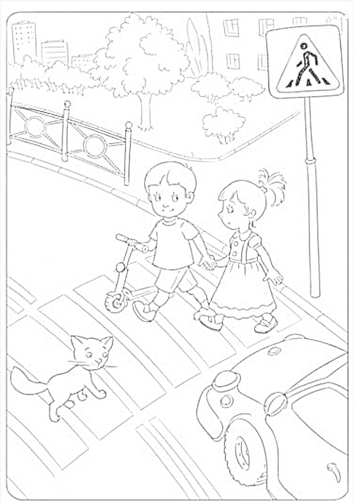 На раскраске изображено: Пешеходный переход, Самокат, Безопасность, Правила дорожного движения, Начальная школа