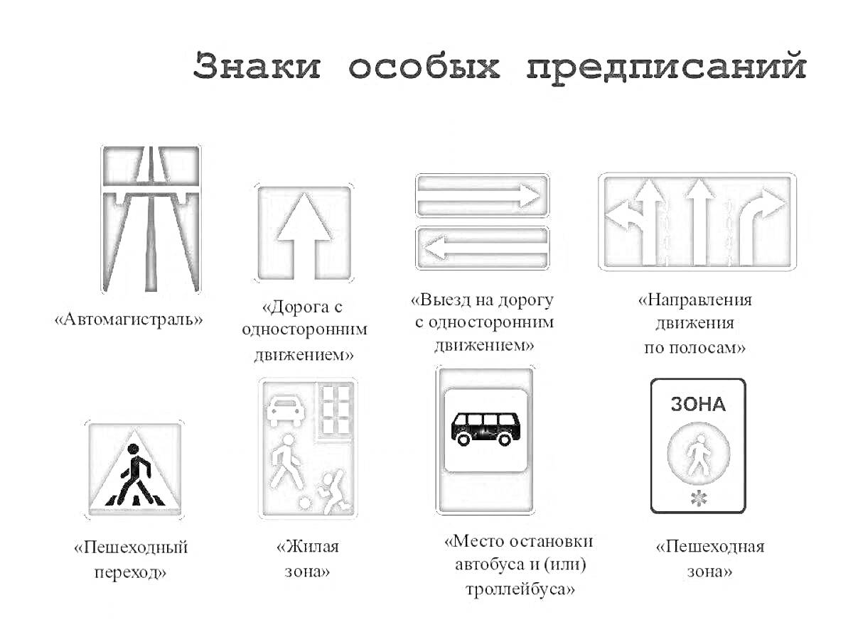 Раскраска Особые предписания знаков. Автомагистраль, Дорога с односторонним движением, Выезд на дорогу с односторонним движением, Направления движения по полосам, Пешеходный переход, Жилая зона, Место остановки автобуса (и/или троллейбуса), Пешеходная зона.