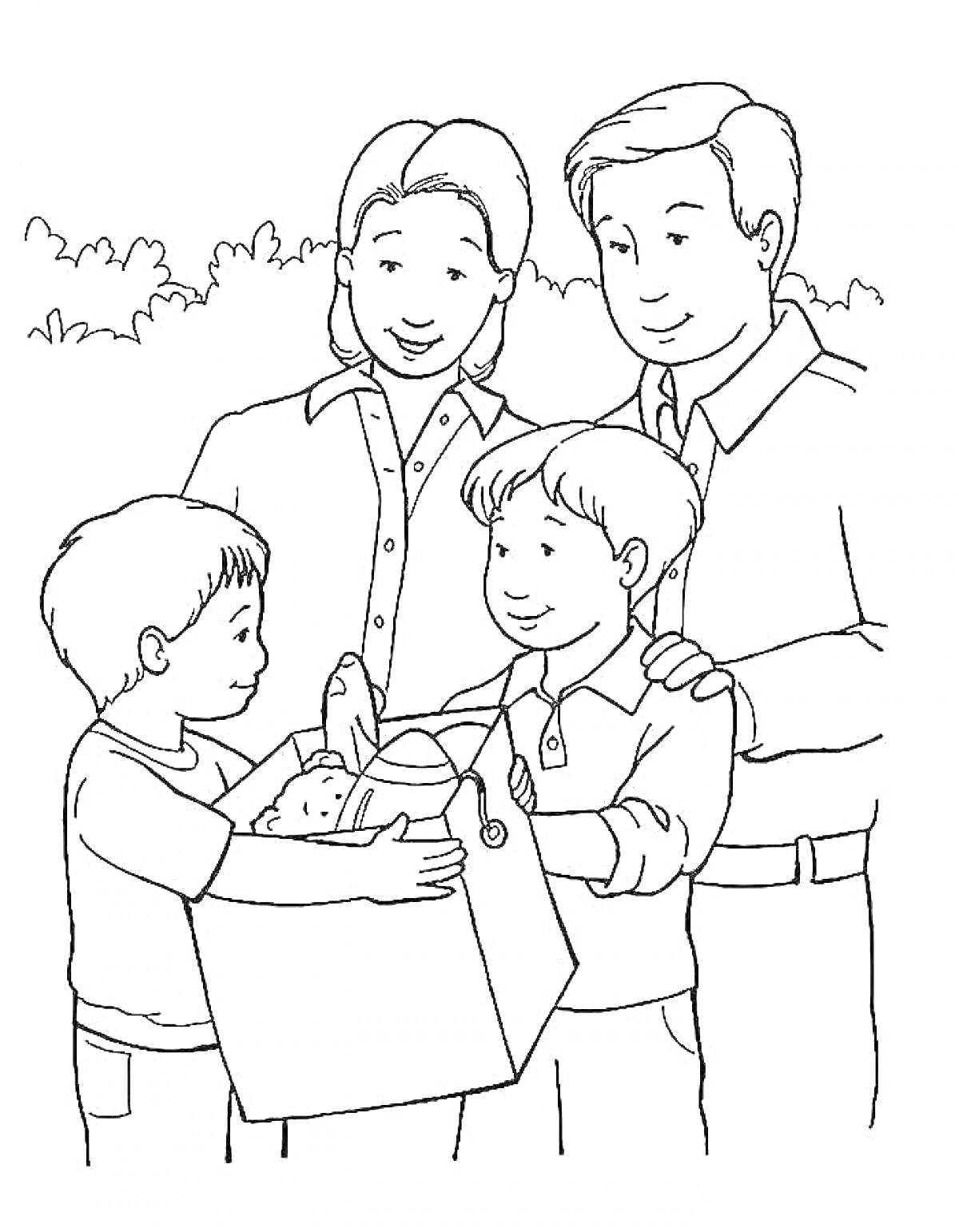 Раскраска Семья с детьми, старший ребенок держит коробку с маленьким щенком, родители смотрят и улыбаются