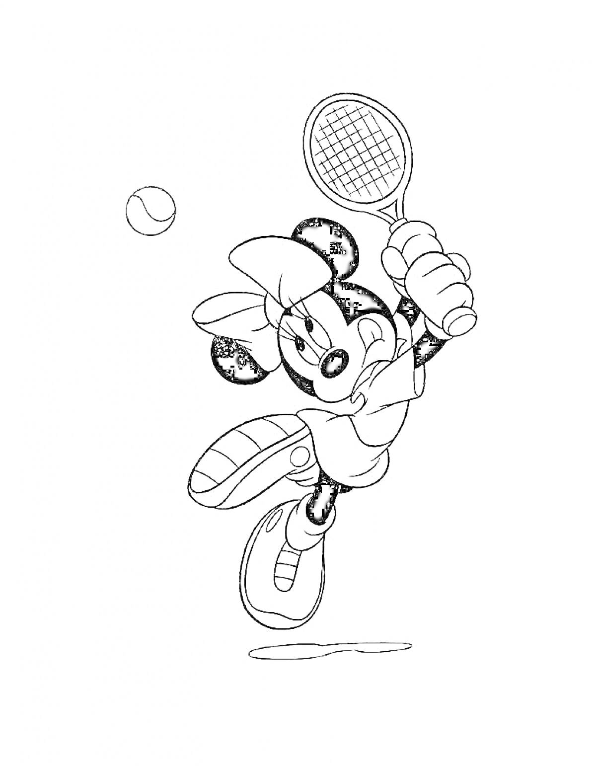 На раскраске изображено: Теннис, Теннисный мяч, Спорт, Игра, Движение, Забавный персонаж, Герои мультфильмов, Прыжки