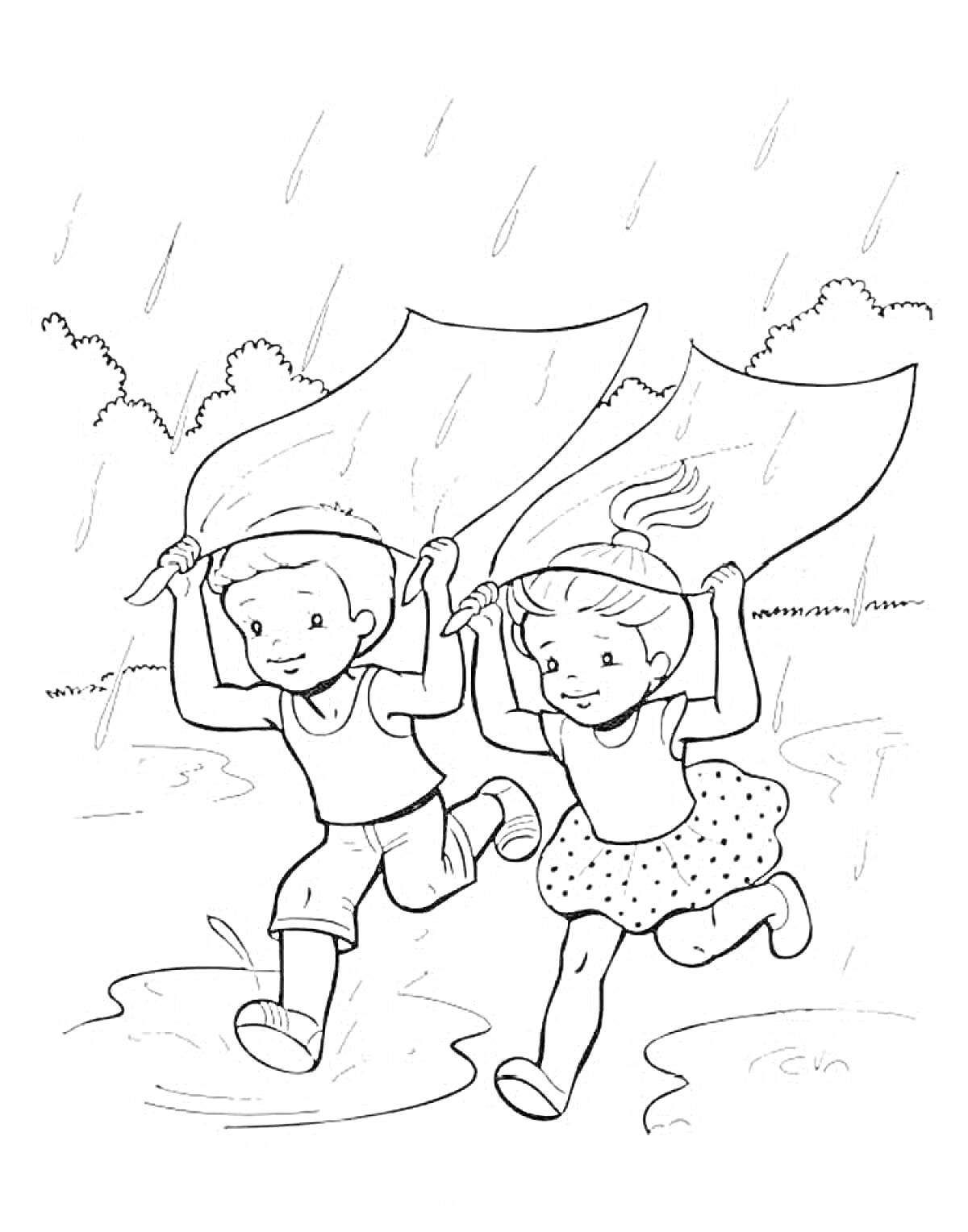 Раскраска Дети бегут по лужам под дождем, держа над головой большие листья.