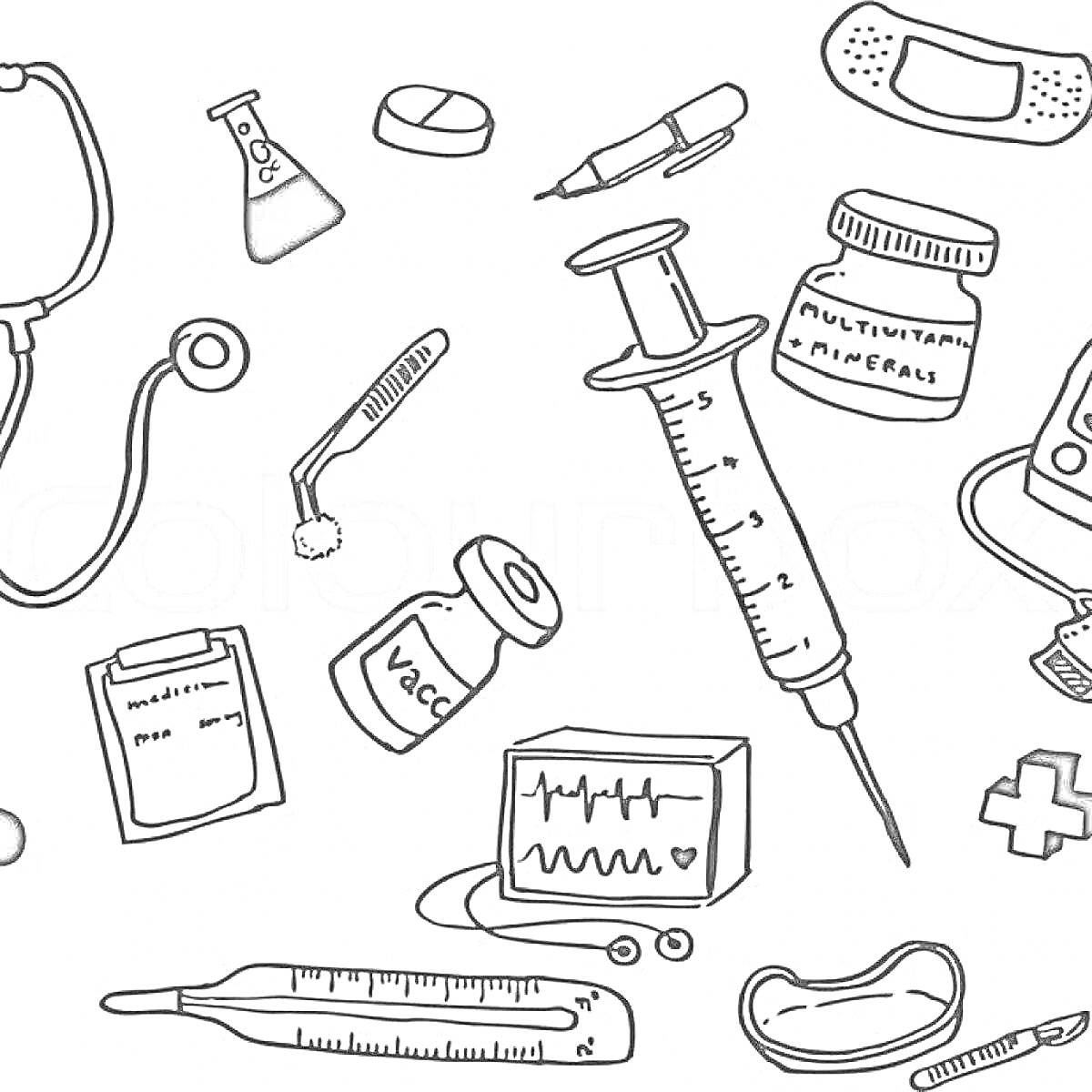На раскраске изображено: Стетоскоп, Таблетка, Пластырь, Шприц, Ампула, Зубная щетка, Градусник, Очки