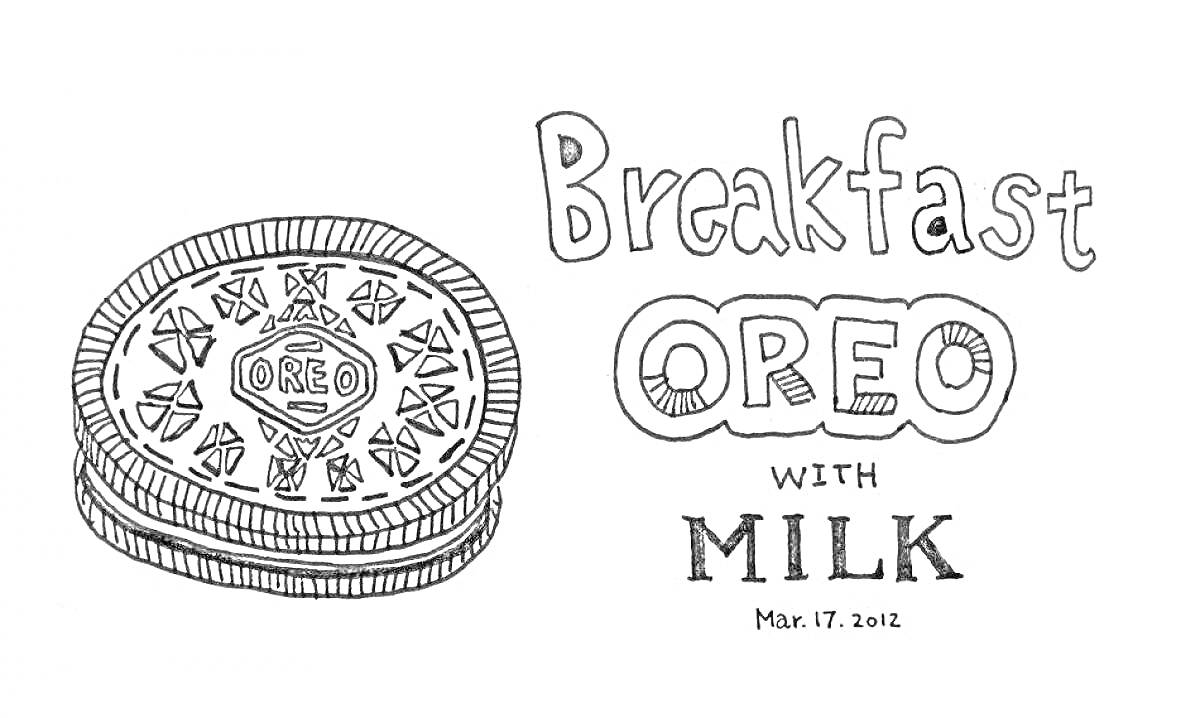 На раскраске изображено: Печенье, Oreo, Молоко, Завтрак, Надпись