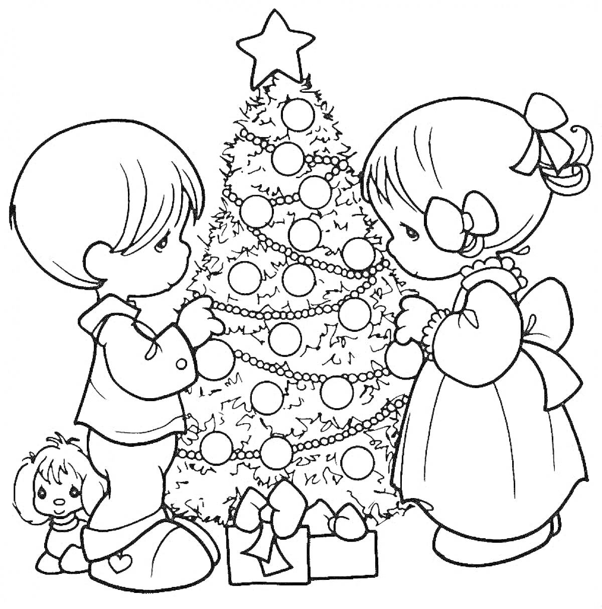 Раскраска Дети украшают рождественскую елку