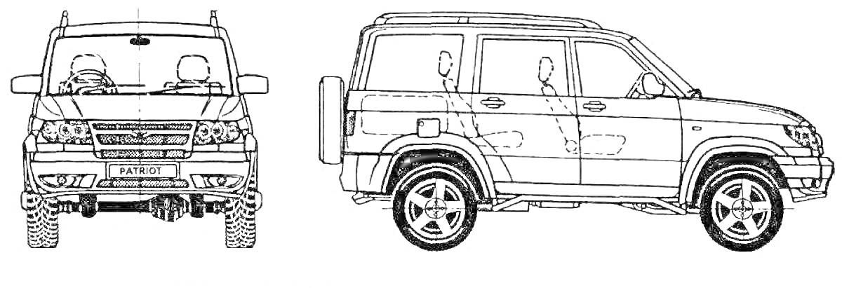 На раскраске изображено: УАЗ Патриот, Внедорожник, Транспорт, Автотранспорт