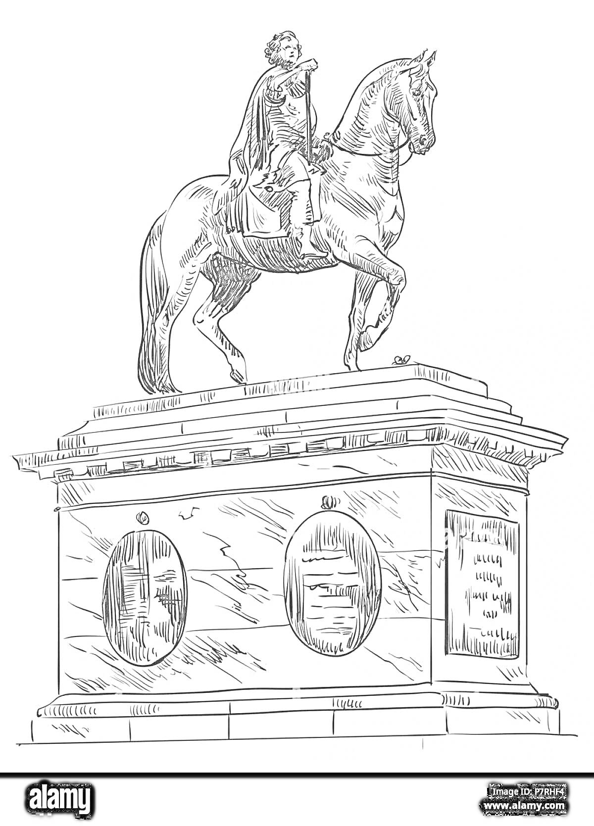 На раскраске изображено: Всадник, Конь, Постамент, Барельефы, Исторический памятник, Скульптура