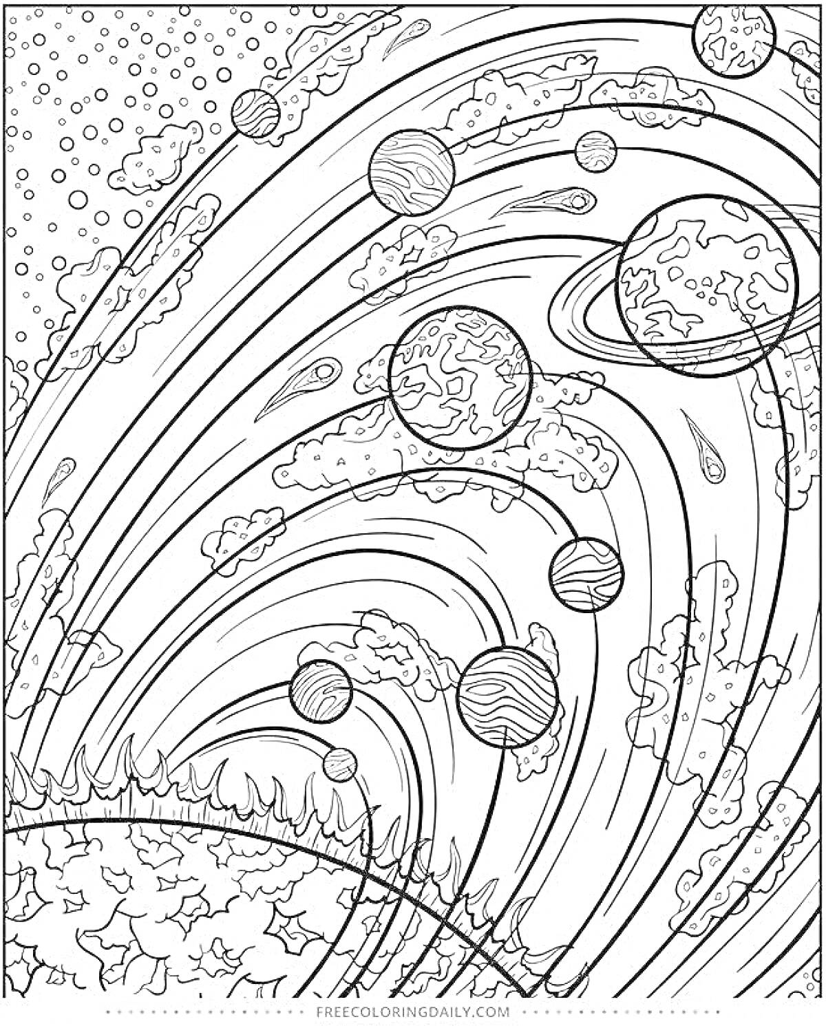 На раскраске изображено: Космос, Планеты, Метеориты, Облака, Звезды, Орбиты, Космическое пространство