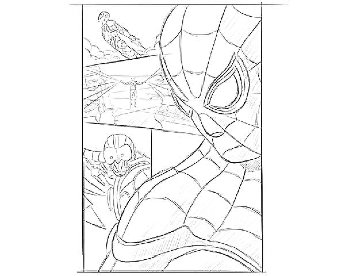 На раскраске изображено: Человек-паук, Доктор Стрэндж, Доктор осьминог