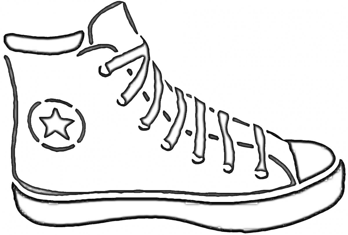 На раскраске изображено: Кеды, Обувь, Спортивная обувь, Звезды, Контурные рисунки