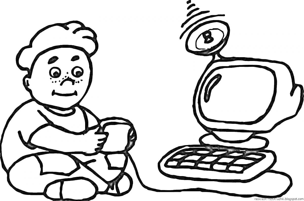 На раскраске изображено: Ребёнок, Джойстик, Компьютер, Клавиатура, Монитор, Игра