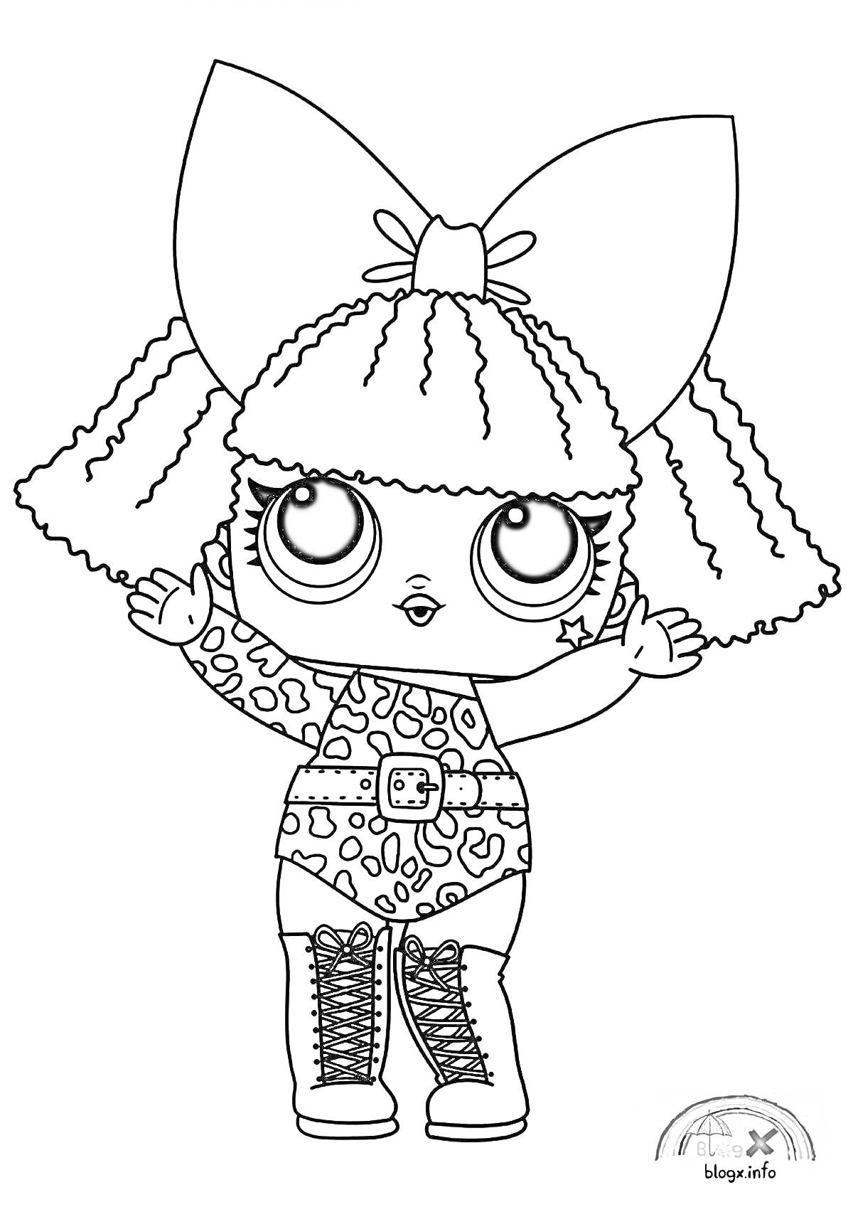 Раскраска LOL кукла с большим бантом на голове, в леопардовом платье и ботинках