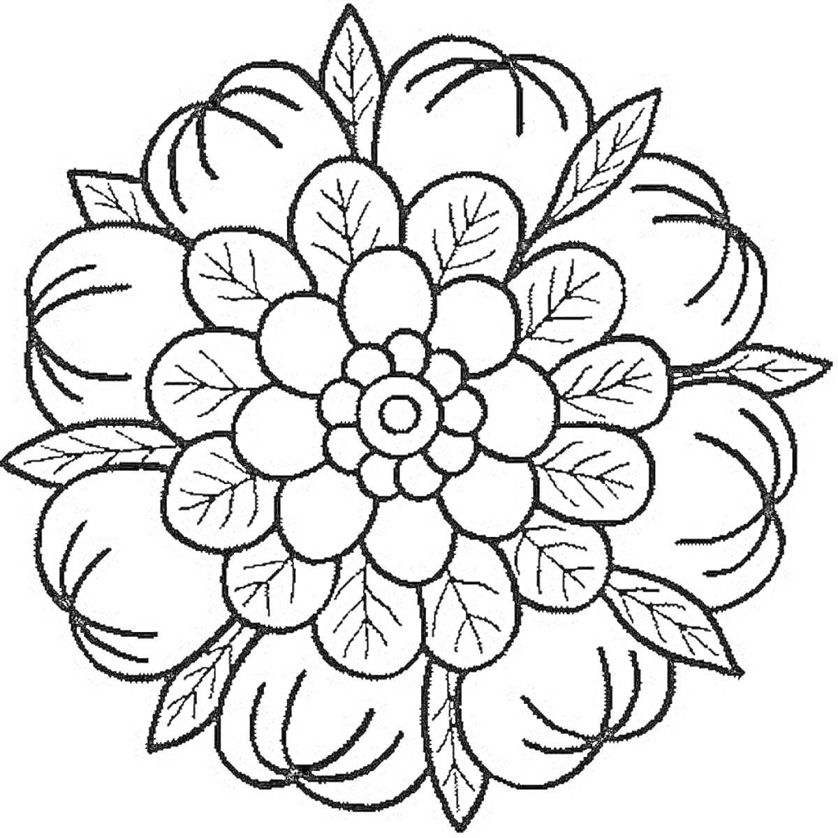 Раскраска Цветочный орнамент с центральным цветком, лепестками и листьями