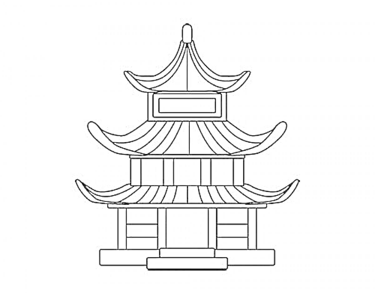 Раскраска Традиционный японский дом с трехъярусной крышей и ступеньками