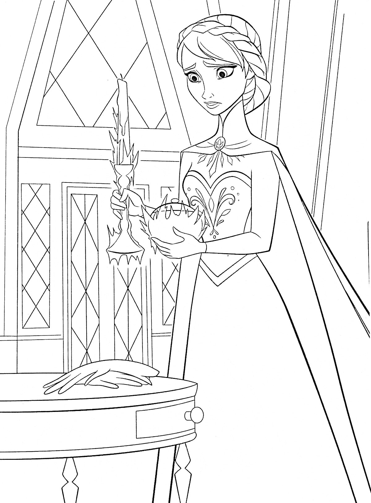 Раскраска Принцесса с короной и подсвечником в замке