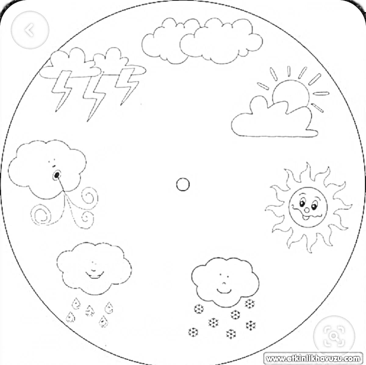На раскраске изображено: Облака, Молния, Солнце, Ветер, Дождь, Природа, Погода