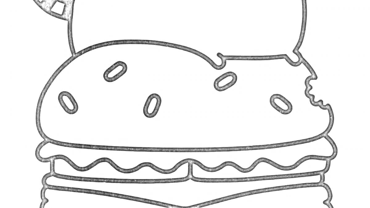 Раскраска Пушин на бургере с надкусанной булкой