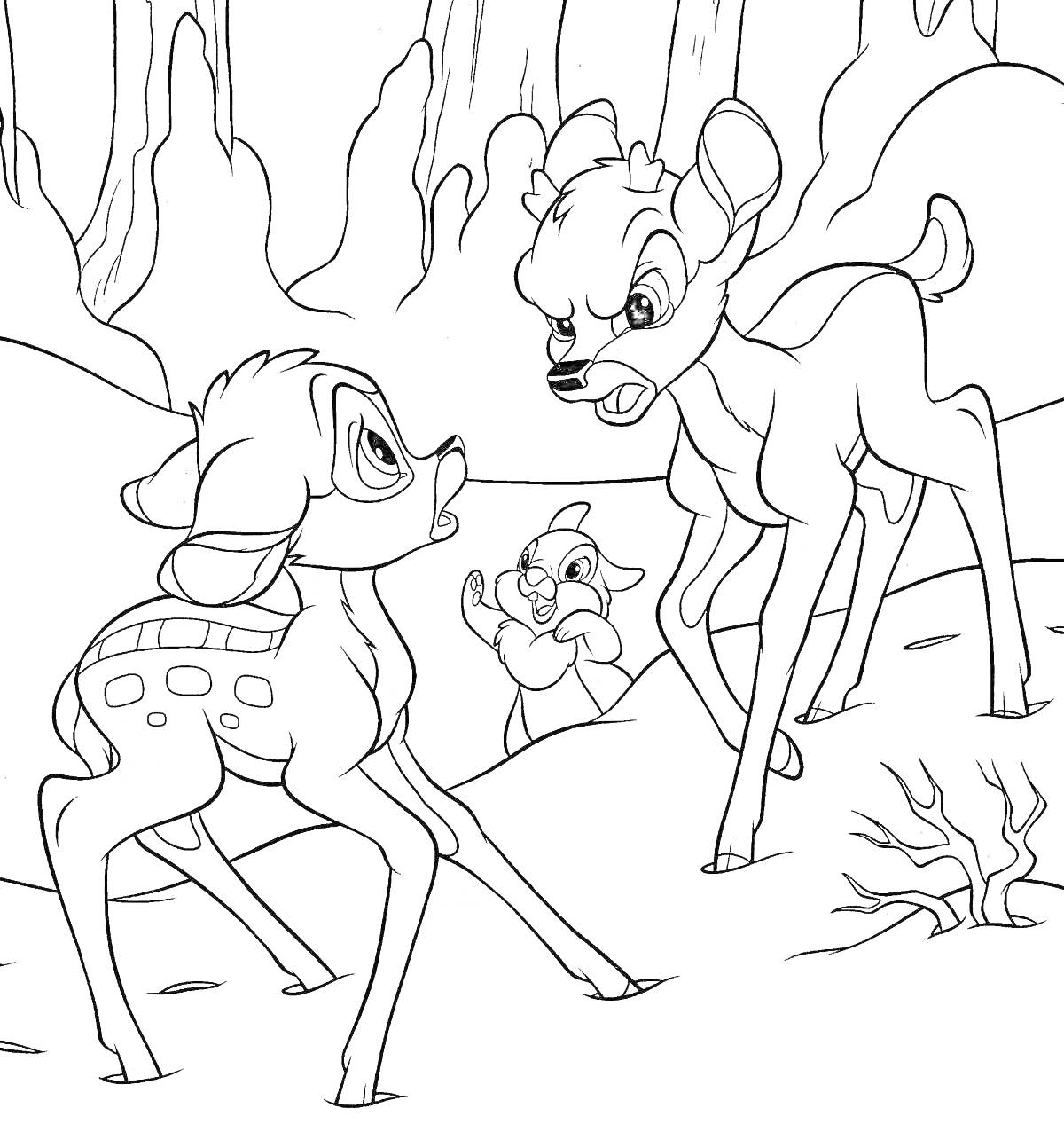 На раскраске изображено: Бэмби, Заяц, Лес, Деревья, Животные, Природа