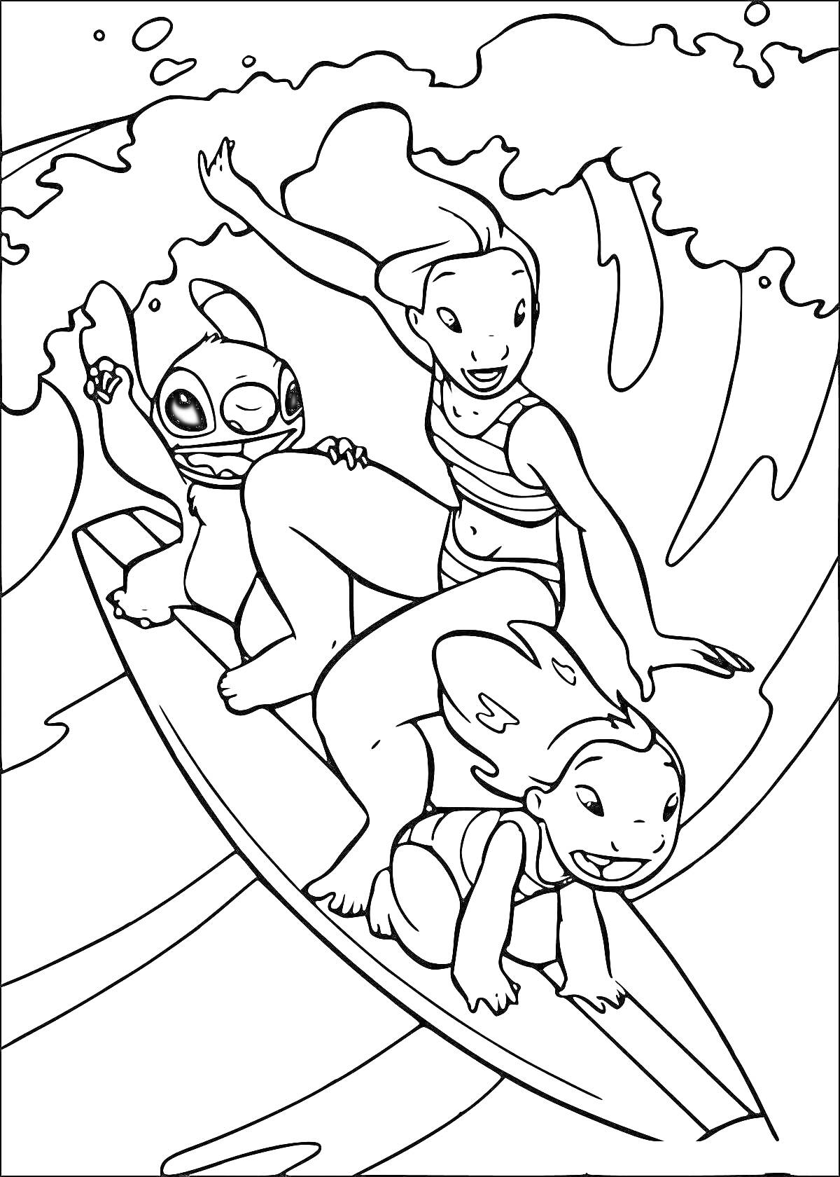 Раскраска Лило, Стич и девушка, катающиеся на серфе на волне
