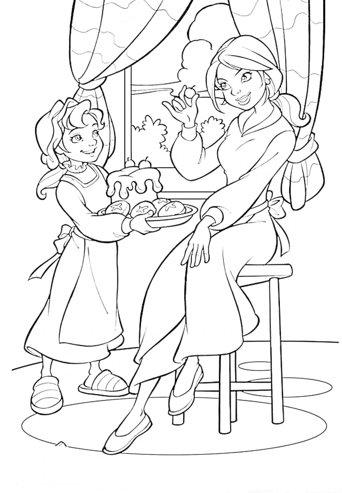 Раскраска Мама и дочка на кухне у окна: дочка подает еду маме, мама сидит на высоком стуле, окно с занавесками, за окном зелёные деревья