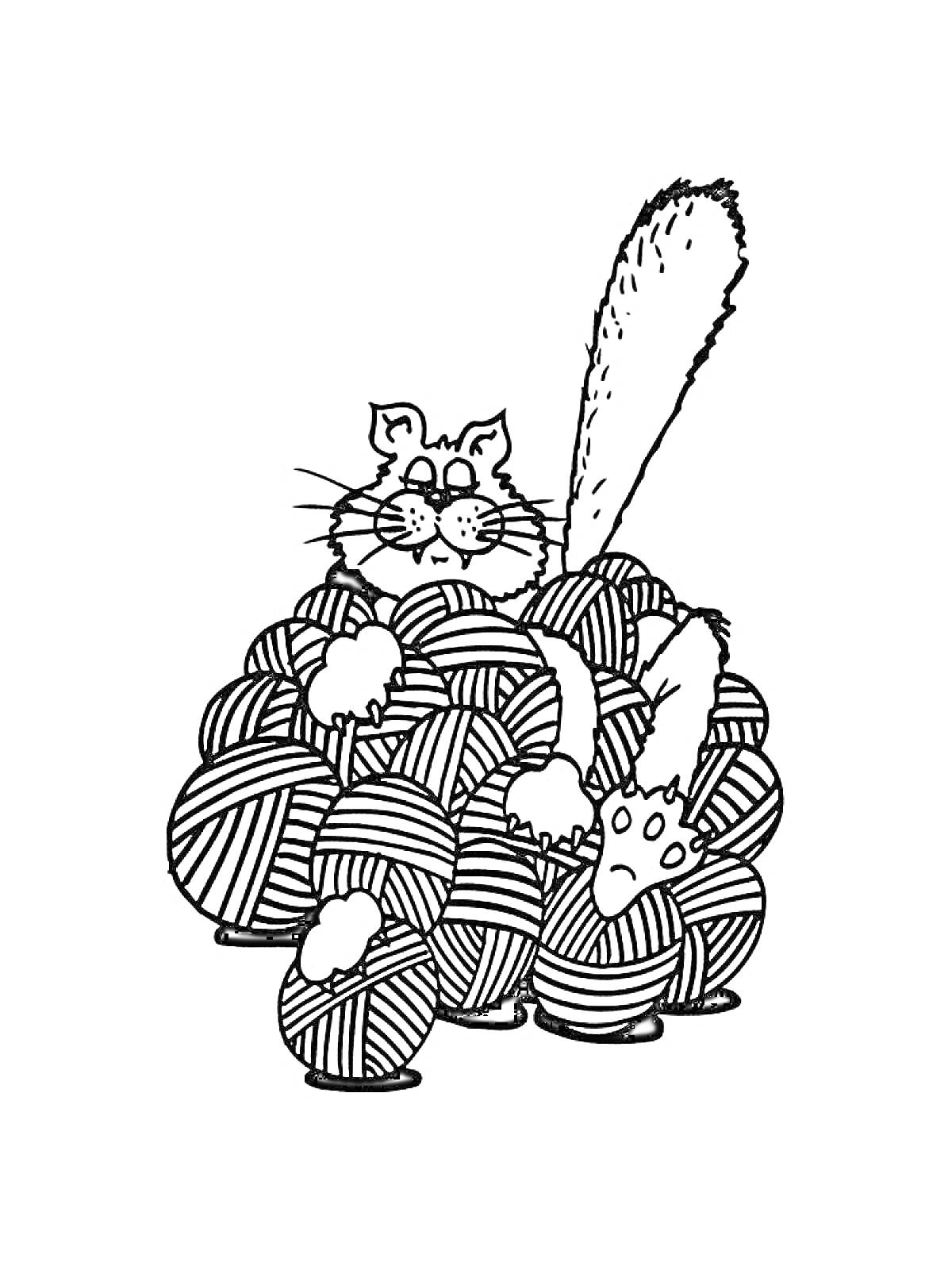 На раскраске изображено: Кот, Клубки ниток, Пряжа, Хвост, Лапы, Вязание, Животные