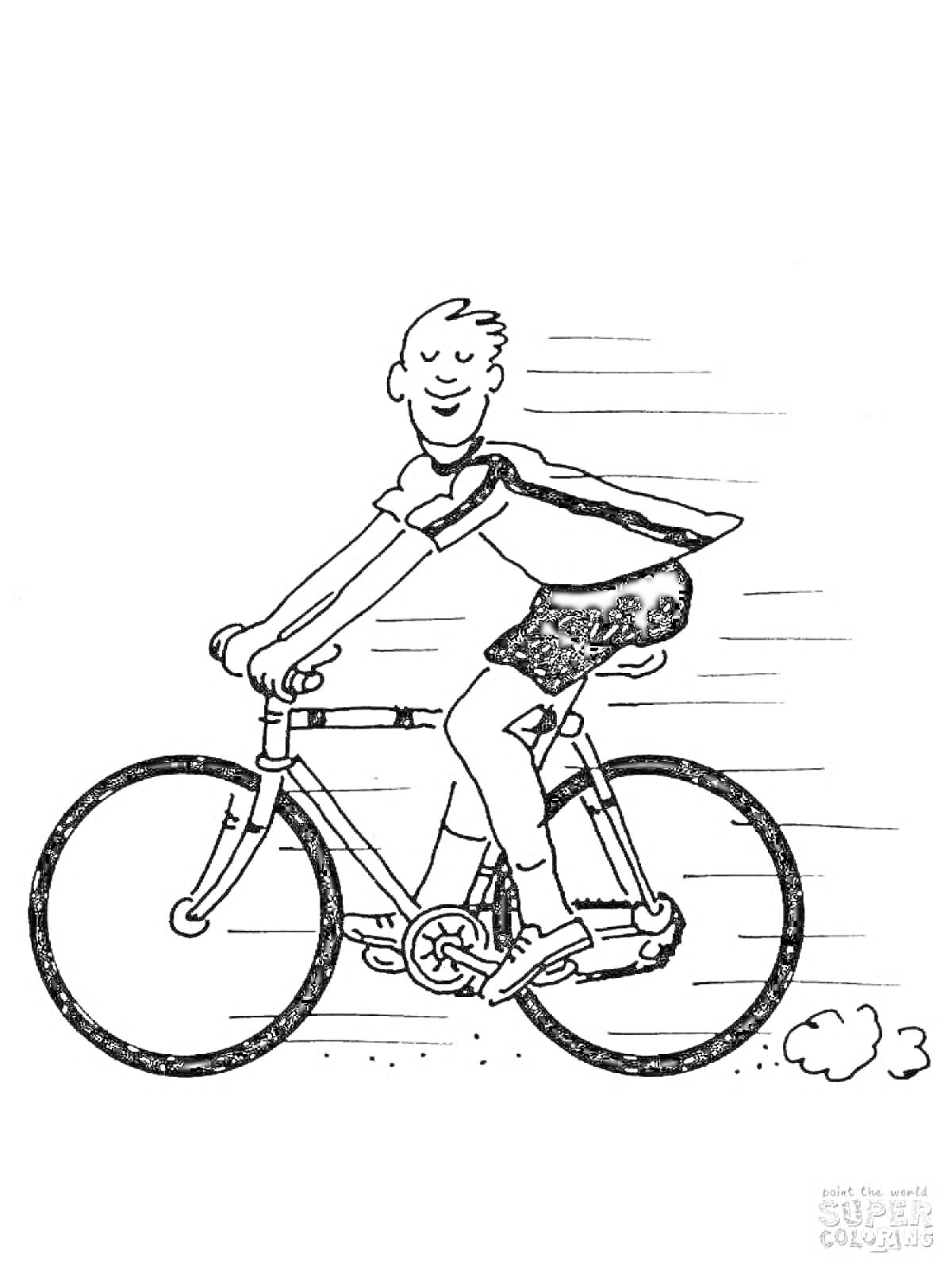 На раскраске изображено: Мальчик, Велосипед, Езда, Движение, Скорость, Велосипедист, Спорт, Активность