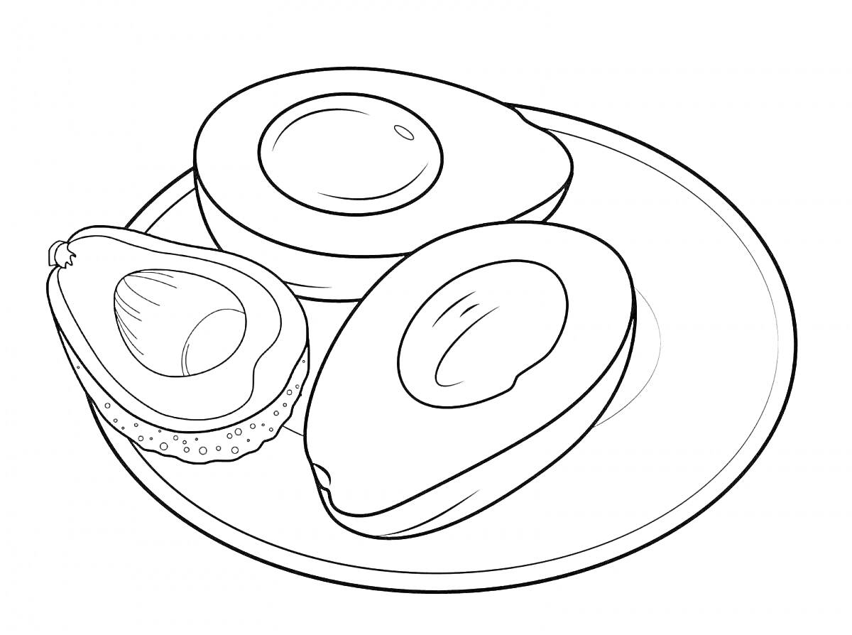 Раскраска Тарелка с тремя половинками авокадо