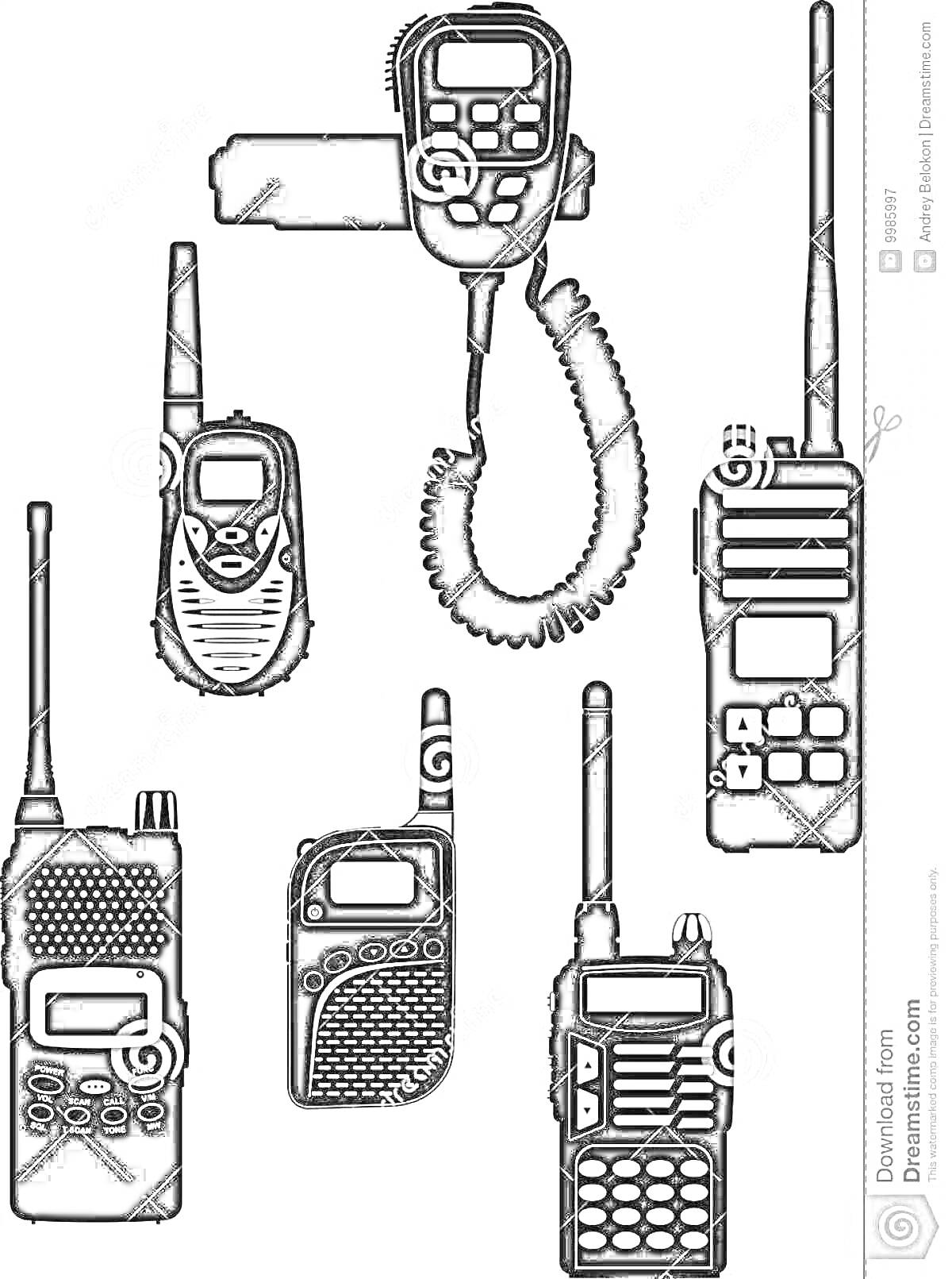 Различные модели раций, включая портативные ручные устройства и автомобильную рацию с микрофоном на проводе.