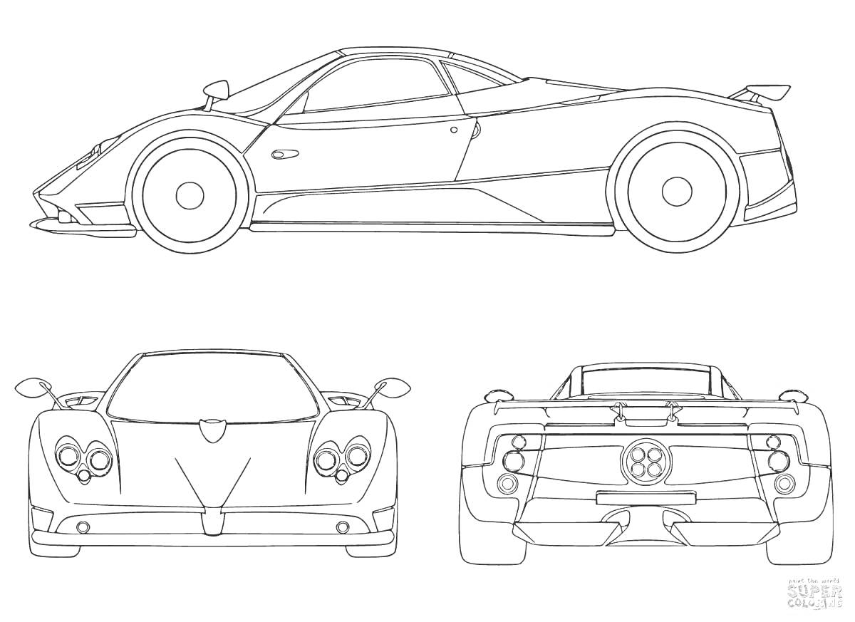 Раскраска Гоночный автомобиль с передней, задней и боковой проекциями