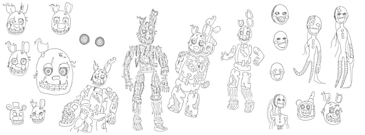 Раскраска Спрингтрап с различными выражениями лиц, деталями костюма и анимационных поз