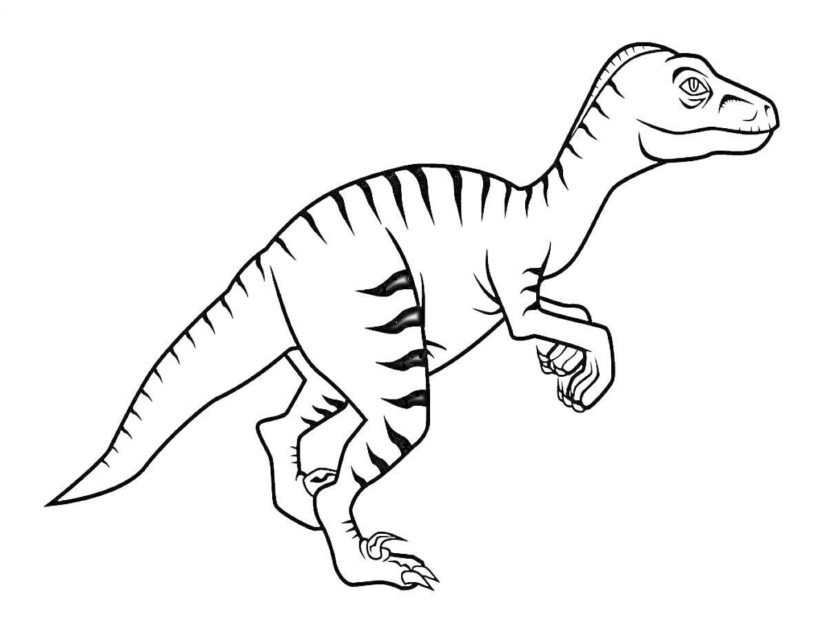 Динозавр с полосками на спине и хвосте, стоящий на задних лапах