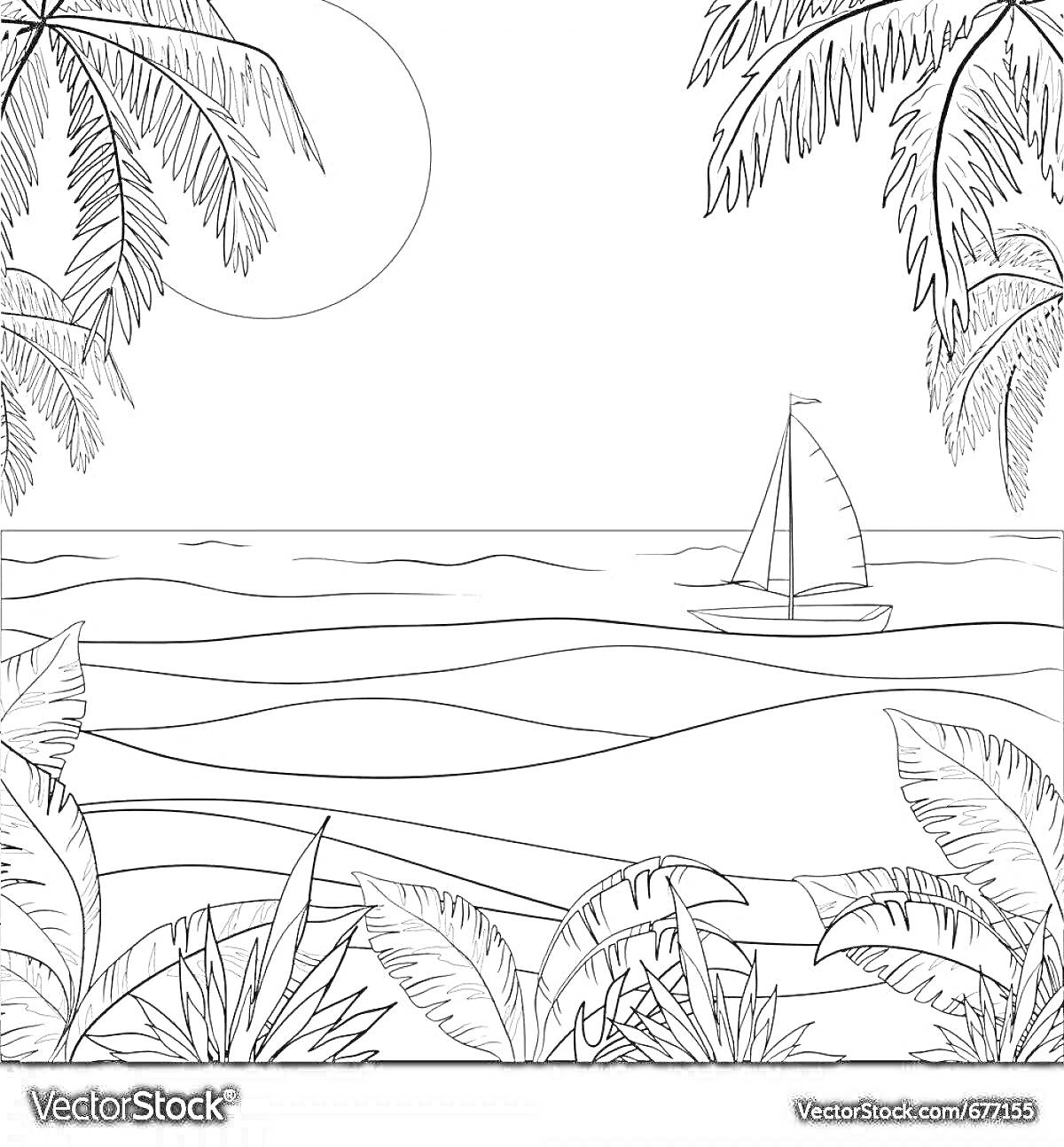 На раскраске изображено: Море, Лодка, Пейзаж, Солнце, Пальмы, Кусты, Волны, Берег, Природа, Тропики