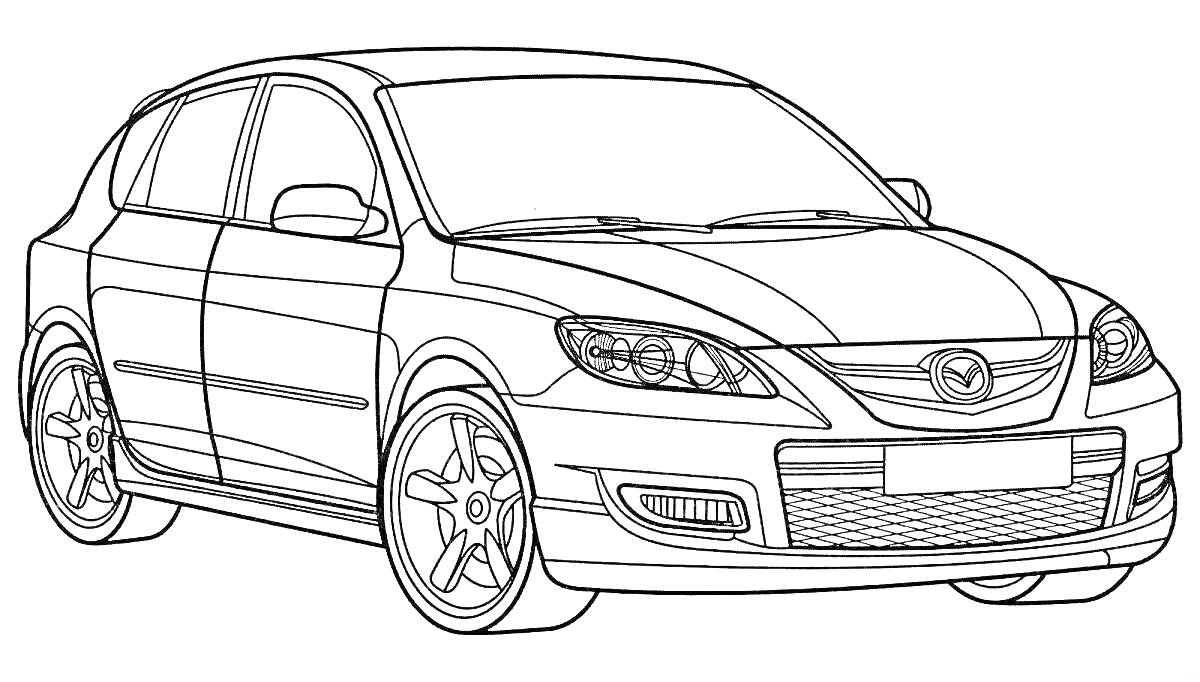 Раскраска Легковой автомобиль Mazda с четырьмя дверями и пятью колесами