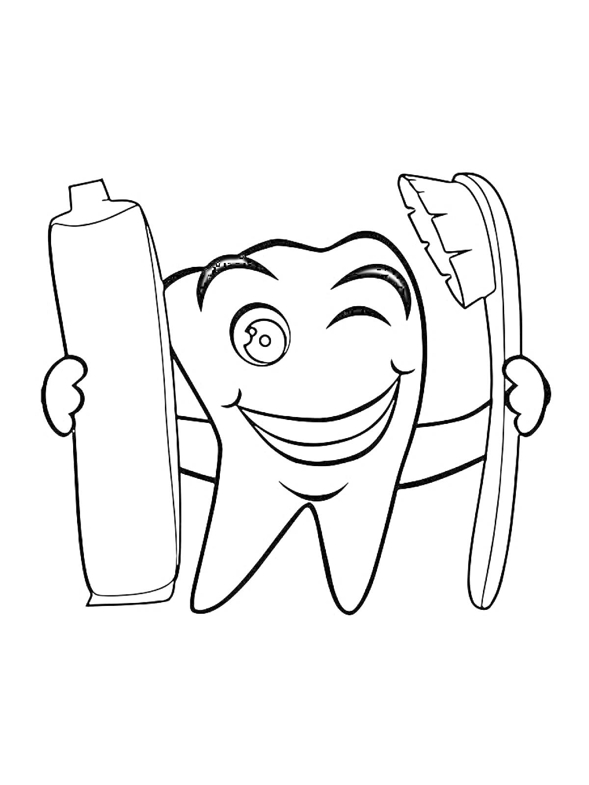Раскраска зуб в перчатках держит зубную щетку и тюбик зубной пасты, зуб подмигивает и улыбается