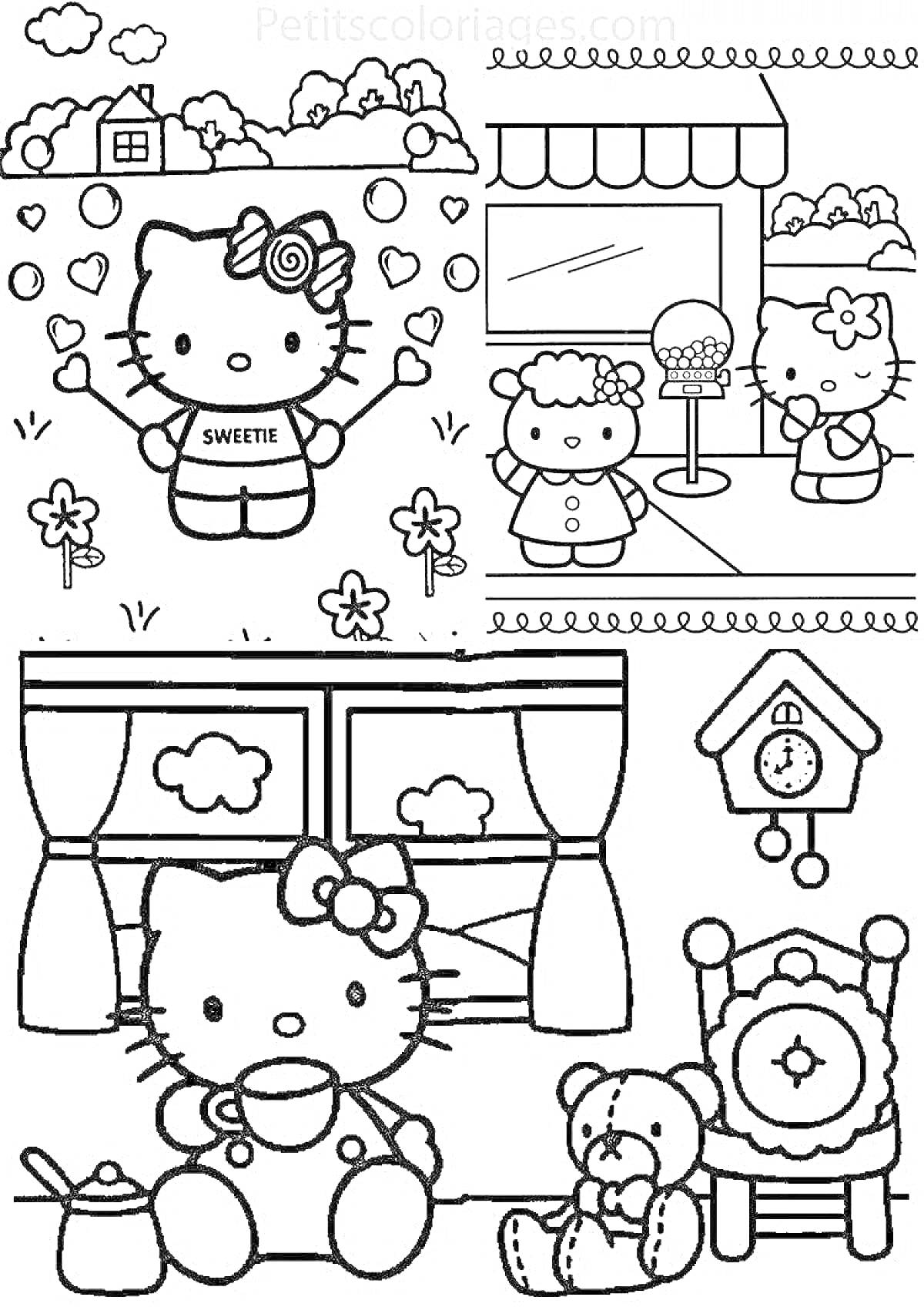 На раскраске изображено: Hello Kitty, Одежда, Дом, Часы, Трава, Цветы, Деревня, Кресло, Чай, Кукла, Буквы, Кружки, Плюшевый медведь, Улицы