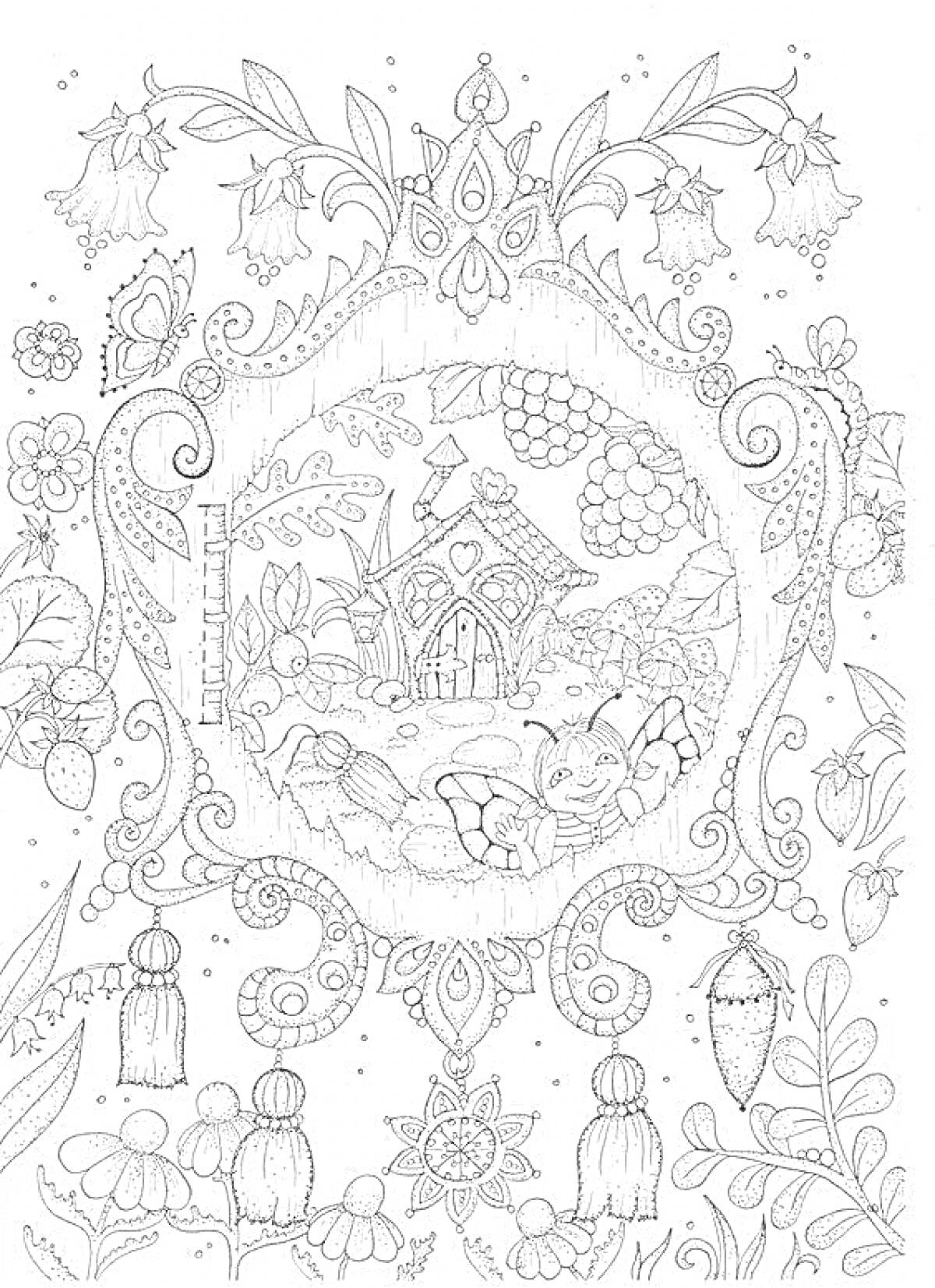 На раскраске изображено: Домик, Листья, Ягоды, Цветы, Узоры, Декоративные элементы, Подвески, Природа