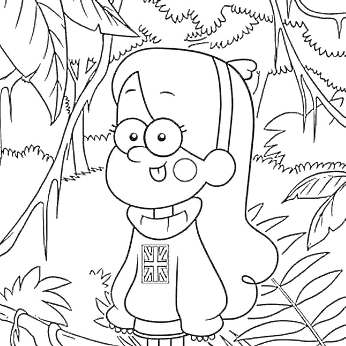 Раскраска Девочка в очках и свитере с рисунком, окруженная джунглями