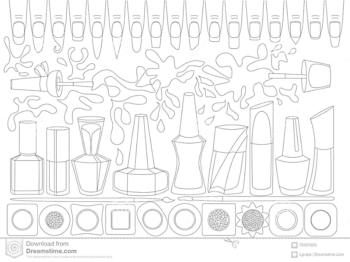 На раскраске изображено: Лак для ногтей, Косметика, Флаконы, Ногти, Маникюр, Творчество