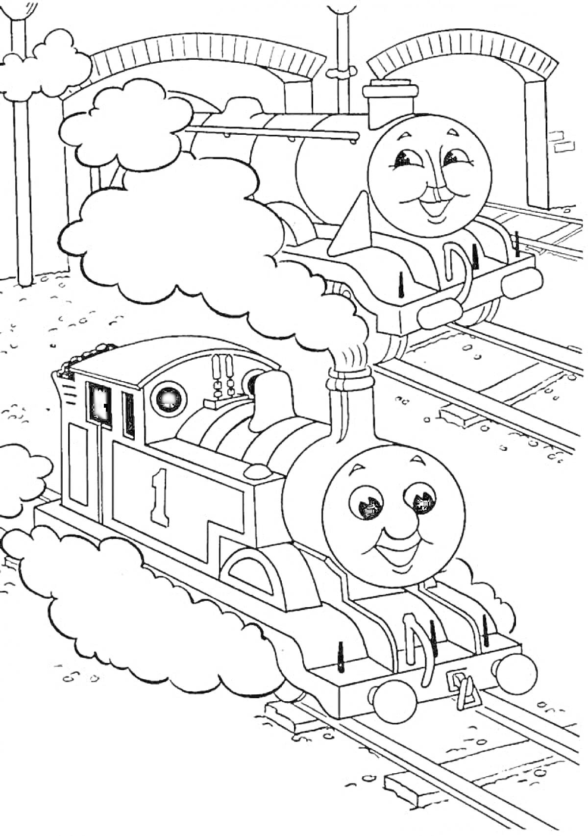 Раскраска Паровозики с лицами на железной дороге под арками