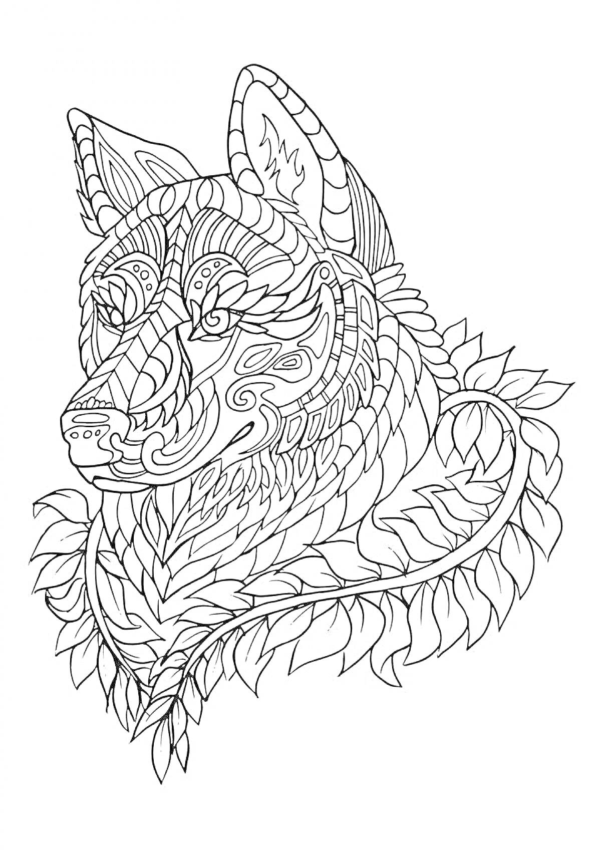 Раскраска Волк с орнаментом, сложный узор из линий и форм, напоминающий перья и листья