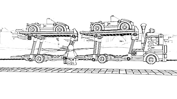 Раскраска Автовоз с прицепом, перевозящий два автомобиля, фигурка человека рядом, дорожное покрытие и фоновая линия деревьев и построек