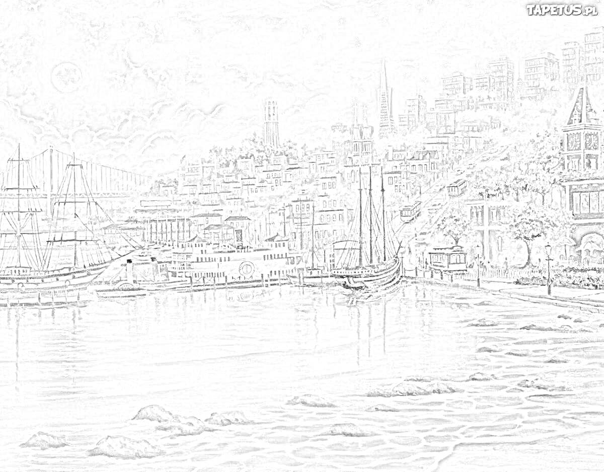 Раскраска Гавань с кораблями и городской ландшафт