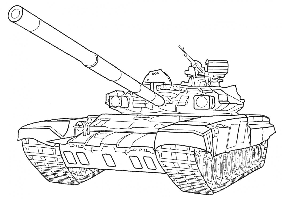 На раскраске изображено: Танк, Российский, Военная техника, Пушка, Пулемет, Тяжелая техника, Бронированная машина, Гусеницы, Вооружение
