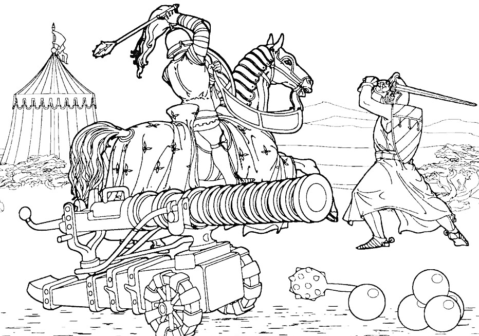 Раскраска Средневековый бой: рыцарь на коне с мечом против воина с мечом, пушка на колесах, шатер, мячиковидное оружие, лес и горы на заднем плане