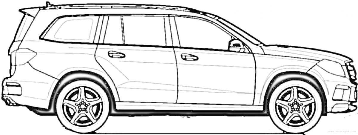 Раскраска контур Mercedes джип сбоку, вид кузова, окна, двери, колеса, диски, фары, зеркала