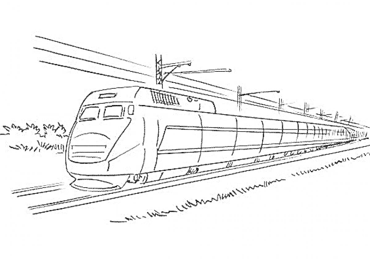 Раскраска Высокоскоростной поезд на железной дороге с контактной сетью и растительностью на заднем плане