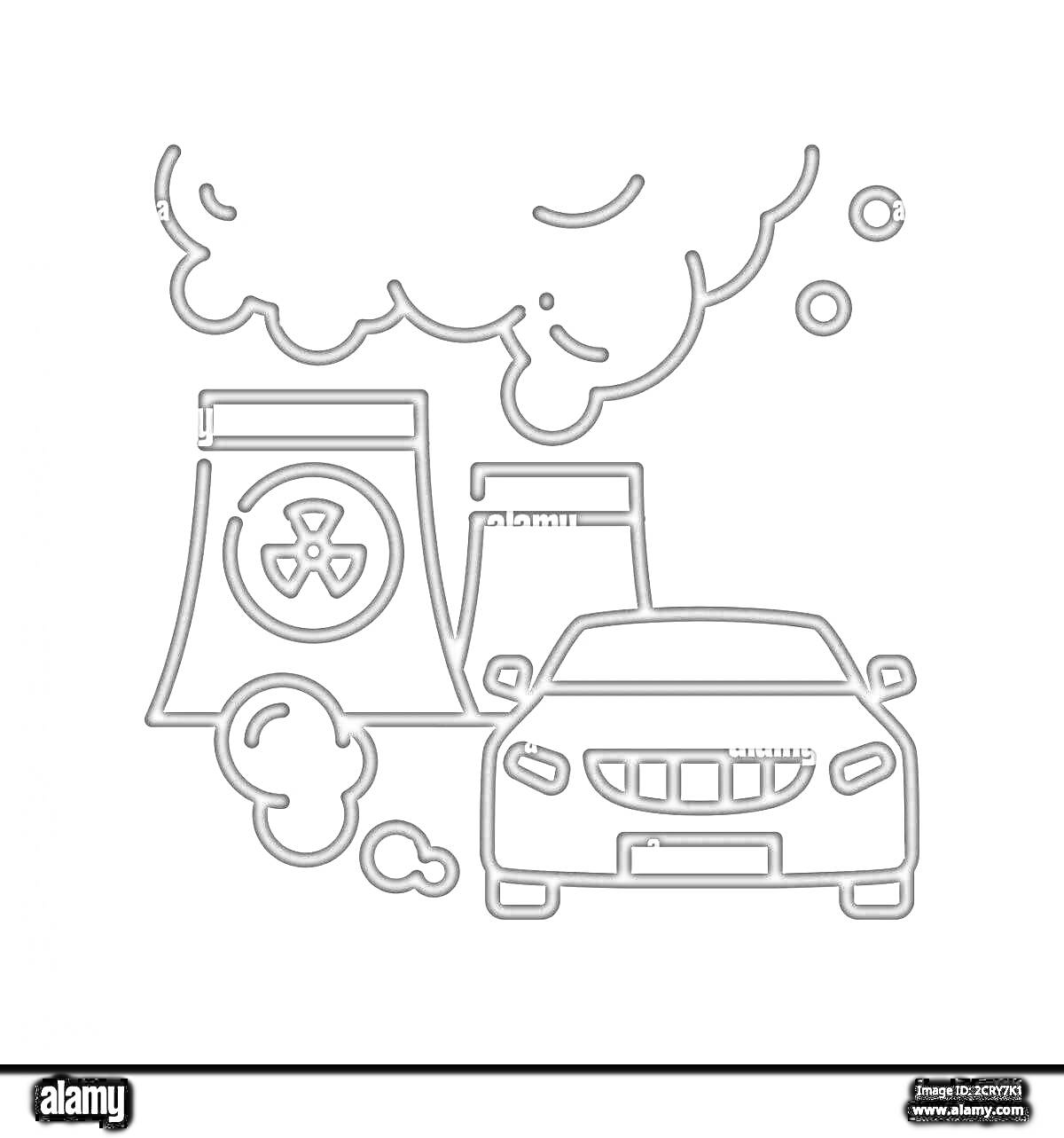 Раскраска Автомобиль возле заводских труб с дымом и токсичным знаком