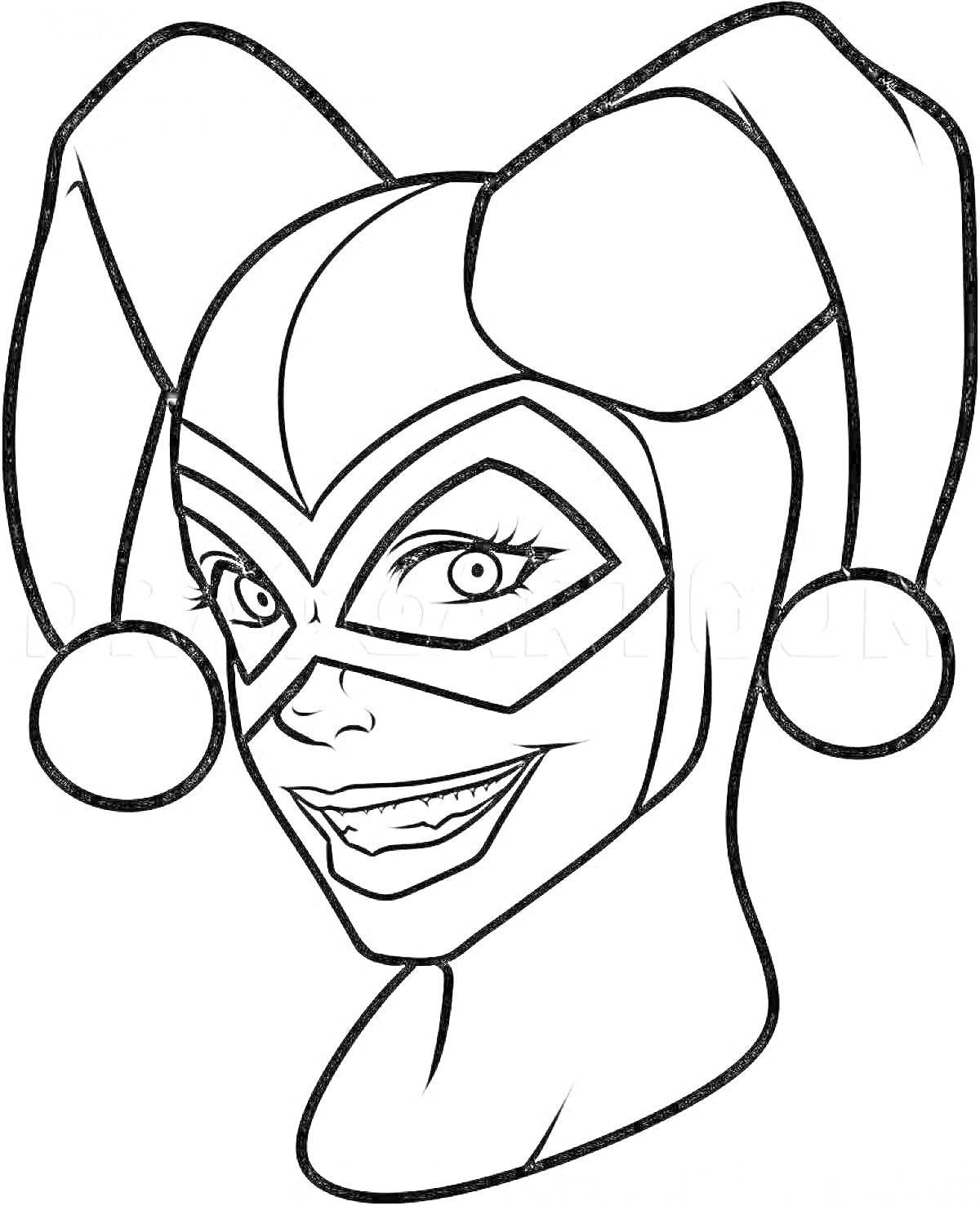 Раскраска Портрет женщины в маске и колпаке с колокольчиками