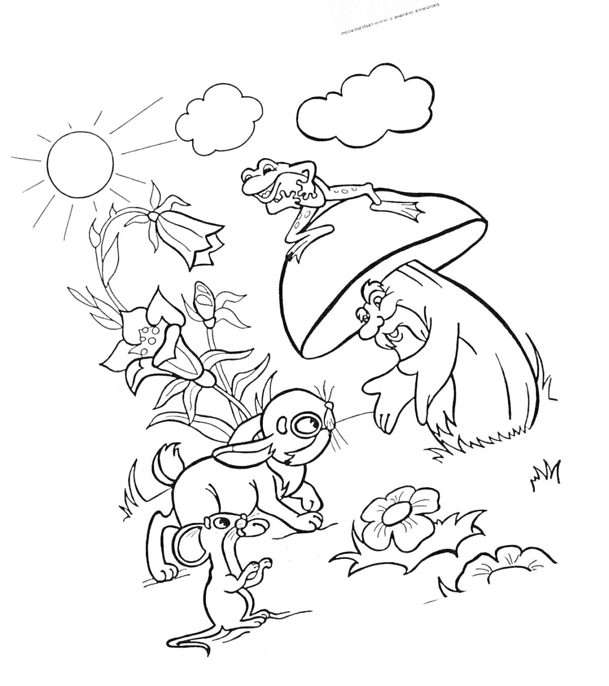 Раскраска Животные под грибом с цветами, облаками и солнцем